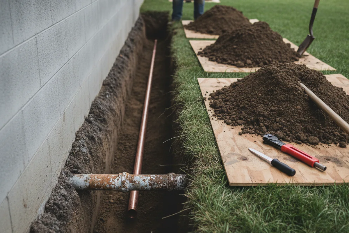 Excavated water line trench during Water Softener Installation in Belton